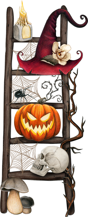 Watercolor halloween decorated ladder with carved lanterns